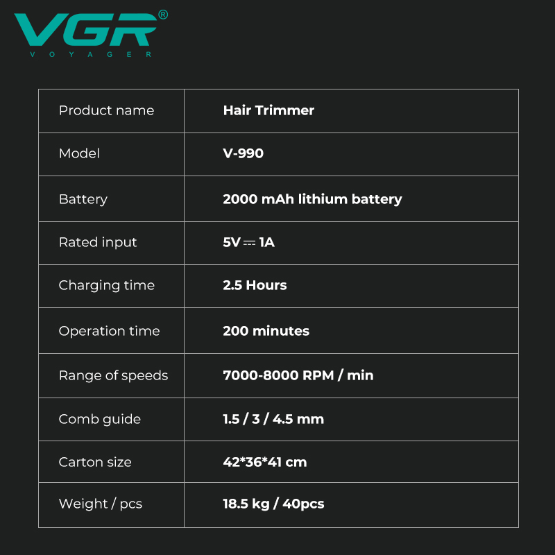 Tondeuse à cheveux professionnelle VGR V-990 pour hommes pour salon de coiffure et toilettage personnel à domicile - الصورة 8