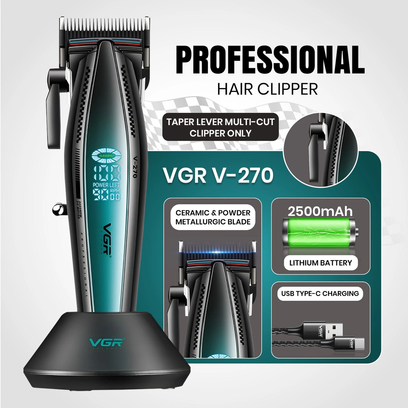 Tondeuse à cheveux professionnelle sans fil VGR V-270 pour hommes, boîtier métallique - الصورة 5