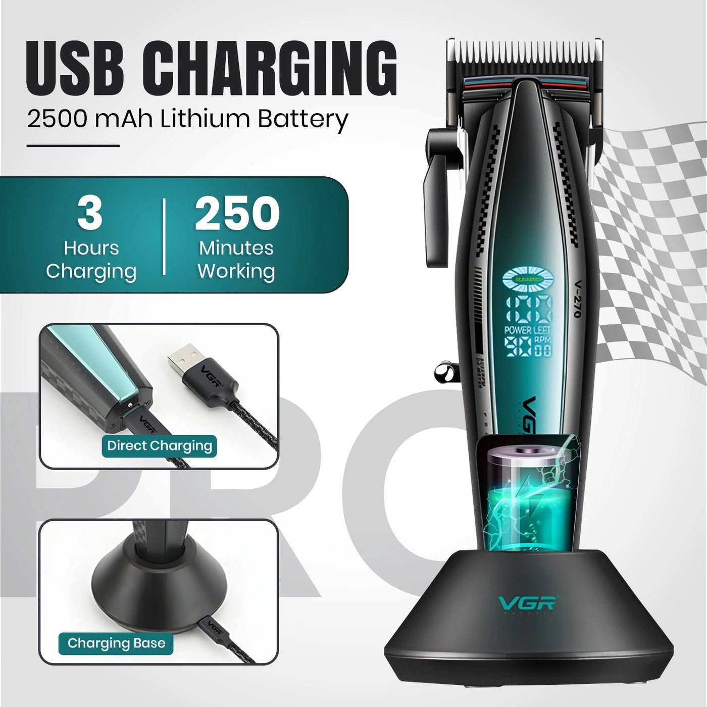 Tondeuse à cheveux professionnelle sans fil VGR V-270 pour hommes, boîtier métallique - الصورة 4