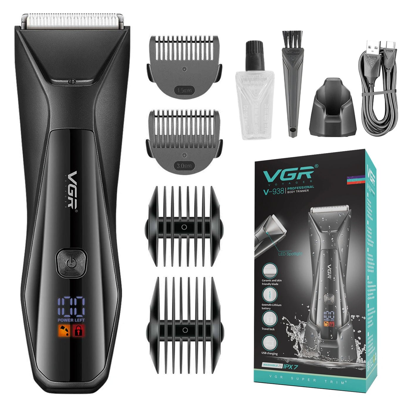 VGR V-938 Professional Cord/Cordless Body Trimmer for full-body grooming (Black)