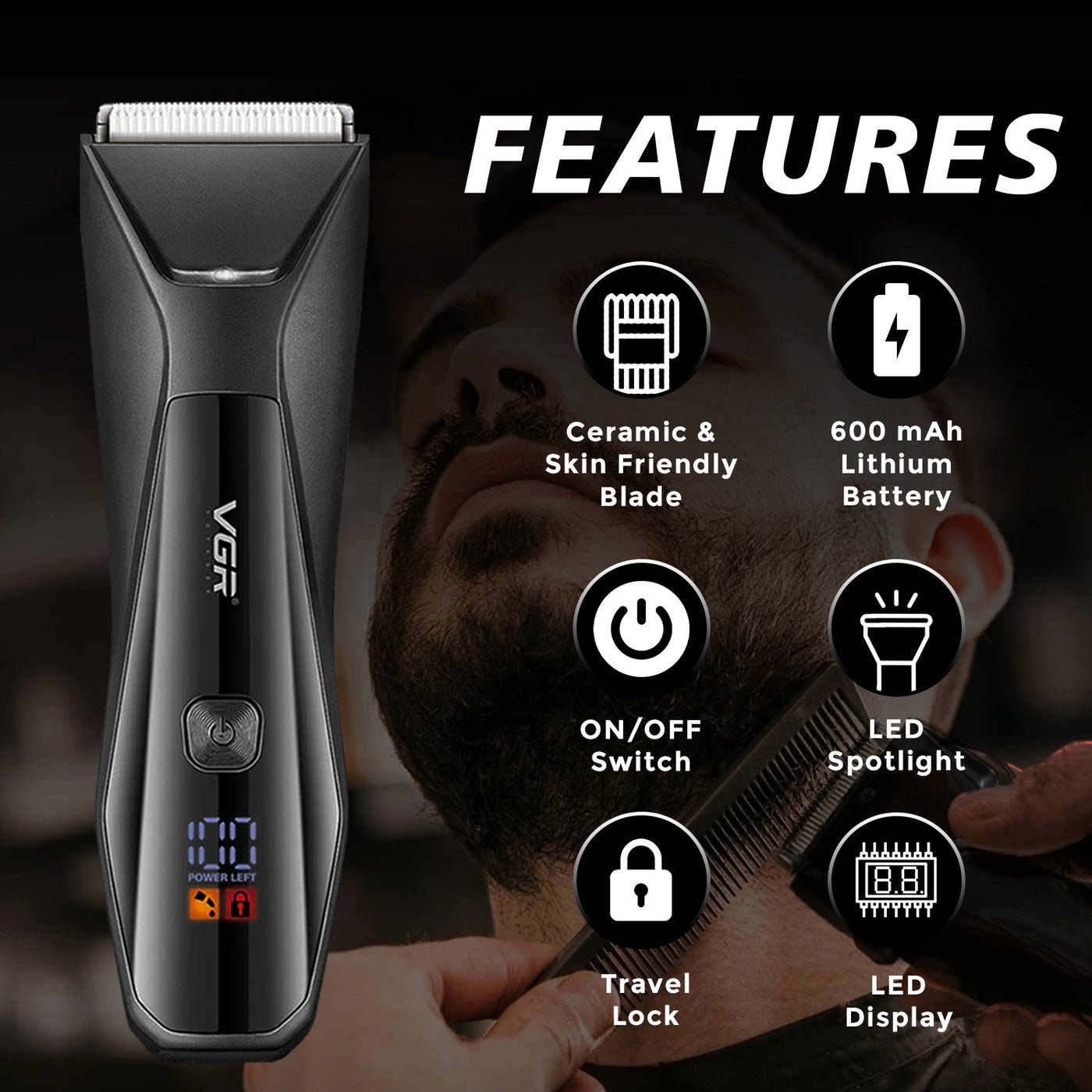 VGR V-938 Professional Cord/Cordless Body Trimmer for full-body grooming (Black) - الصورة 9