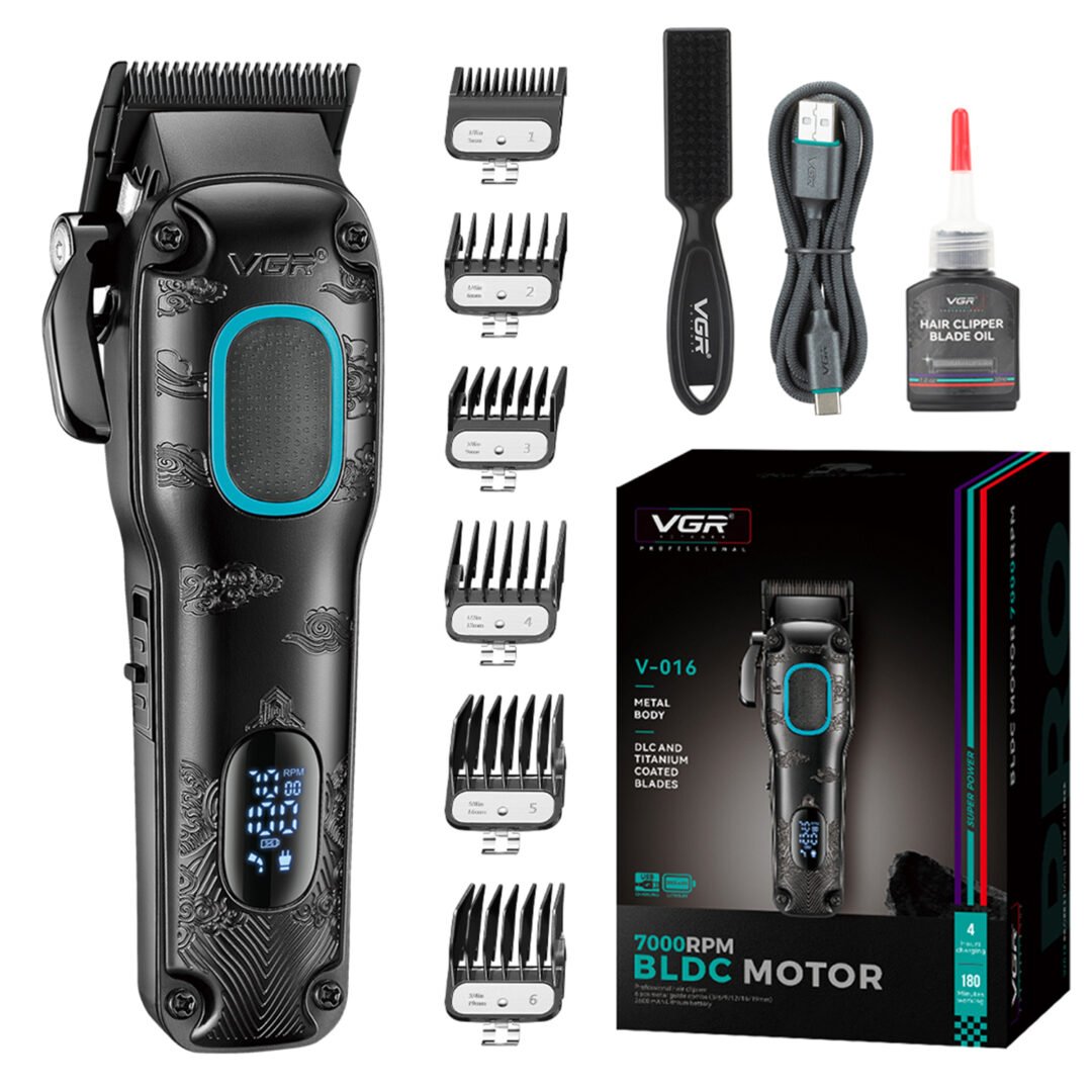 Tondeuse à cheveux professionnelle VGR V-016 BLDC 7000 tr/min, boîtier métallique 8 W, noir et vert