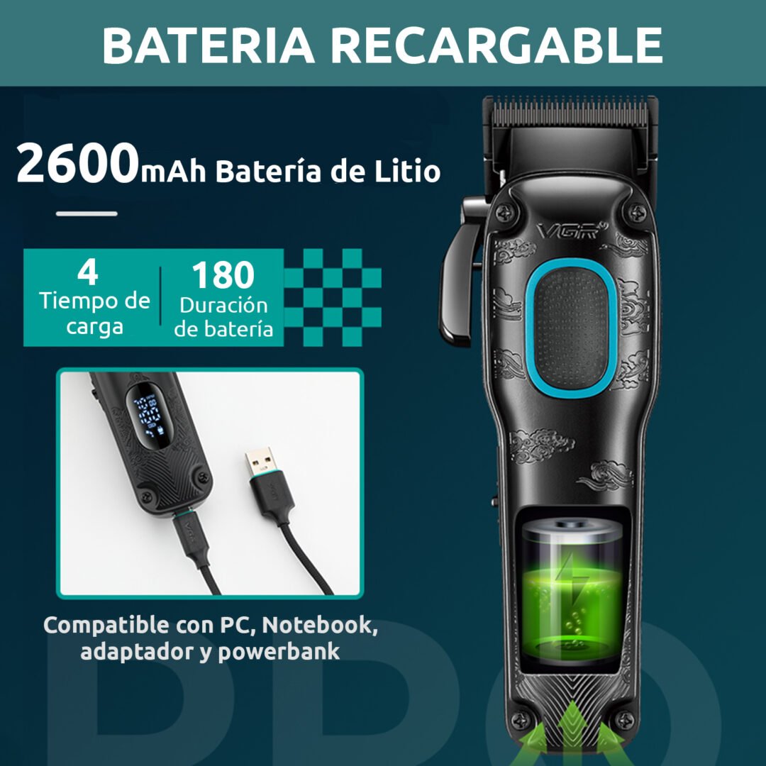 Tondeuse à cheveux professionnelle VGR V-016 BLDC 7000 tr/min, boîtier métallique 8 W, noir et vert - الصورة 2