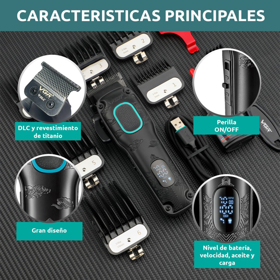 Tondeuse à cheveux professionnelle VGR V-016 BLDC 7000 tr/min, boîtier métallique 8 W, noir et vert - الصورة 4